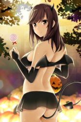 1girl ass back bat_(animal) black_bridal_gauntlets black_hair black_horns black_skirt black_wings blush breasts bridal_gauntlets brown_eyes closed_mouth commentary_request demon_horns demon_tail from_behind highres horns ichijou_hotaru long_hair non_non_biyori nonaka_ritsu outdoors skirt smile solo tail wings