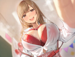 1girl :d absurdres apron blush bow bowtie bra breasts brown_eyes brown_hair bursting_breasts ceiling chalkboard classroom cleavage collared_shirt commentary_request dress_shirt highres inushima lace lace-trimmed_bra lace_trim large_breasts long_hair long_sleeves open_mouth original pov red_bow red_bowtie red_bra shirt sidelocks smile solo strap_slip teeth underwear upper_body upper_teeth_only white_shirt