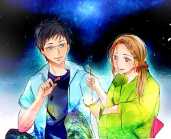 1boy 1girl ayase_chihaya black_hair blue_eyes braid brown_hair chihayafuru earrings fireworks glasses hidaka_en japanese_clothes jewelry kimono long_hair night night_sky outdoors sitting sky smile sparkler sweater wataya_arata yukata