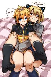 2boys animal_ear_headphones animal_ears bandaid bandaid_on_face bandaid_on_knee bandaid_on_leg bandaid_on_nose black_legwear blonde_hair blue_eyes blush cat_ear_headphones doppel_(bonnypir) drooling fake_animal_ears feet feet_up full_body glasses grin hair_ornament hairclip hands_on_own_knees headphones highres hug hug_from_behind kagamine_len looking_at_viewer male_focus multiple_boys nail_polish park_jinim_(parkgee) real_life round_eyewear saliva smile socks soles straddling sweatdrop toes trap yaoi