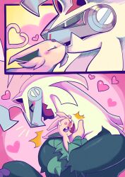 blush closed_eyes espeon fang forehead_jewel gen_2_pokemon gen_7_pokemon heart hug kiss legendary_pokemon nintendo no_humans pokemon pokemon_(creature) pokemon_focus powerandy purple_fur silvally size_difference white_fur
