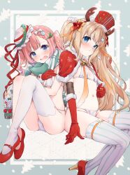 2girls absurdres antlers arm_support asymmetrical_bangs bell bikini blonde_hair blue_eyes blush breasts button_hair_ornament christmas_ornaments closed_mouth crossed_legs elbow_gloves embarrassed flat_chest fur_trim gloves green_scarf groin hair_ornament hair_ribbon hat high_heels highres horns knees_to_chest long_hair long_ribbon medium_breasts merry_christmas midriff multiple_girls neck_bell open_mouth pink_hair red_gloves red_hat reindeer_antlers ribbon santa_cape santa_costume scarf shirana_tamana simple_background single_thighhigh sirahosi_awawa sitting snowflakes star_(symbol) star_hair_ornament stiletto_heels striped_clothes striped_thighhighs sweat swimsuit thighhighs thighs tilted_headwear twintails varium virtual_youtuber watamiya_ahiru white_hat wing_hair_ornament