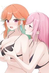 Rule 34 | 2girls, absurdres, bare shoulders, bikini, black bikini, blush, breasts, cleavage, collarbone, commentary, earrings, feather earrings, feathers, flying sweatdrops, grabbing another&#039;s breast, green hair, groping, hashtag-only commentary, highres, hololive, hololive english, jewelry, large breasts, long hair, mori calliope, multiple girls, open mouth, orange hair, pink eyes, pink hair, simple background, swimsuit, takanashi kiara, virtual youtuber, white background, yumiewuri