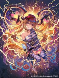 1girl :3 belt black_belt black_hat blonde_hair breasts chair chest_belt cleavage code_anti_elechair demon_girl demon_horns electricity fang four-finger_heart_hands hat heart heart_hands highres horns long_hair looking_at_viewer madopen medium_breasts official_art on_chair prison_clothes shirt skin_fang smile solo striped_clothes striped_shirt tongue tongue_out very_long_hair wixoss yellow_eyes