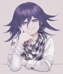 1boy checkered_neckerchief danganronpa_(series) danganronpa_v3:_killing_harmony grey_background grey_jacket grin hair_between_eyes hand_up inukai_(inuuowoukai) jacket long_sleeves male_focus neckerchief oma_kokichi pink_eyes purple_hair simple_background smile solo teeth upper_body