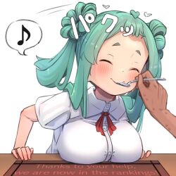 1girl blush breasts green_hair highres kosanae_sasaho large_breasts long_sideburns oppai_loli original ponytail short_bangs sideburns smaragdus_viridi tsurime yellow_eyes