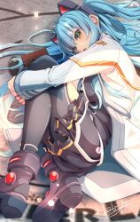 1girl animal_ear_hairband animal_ears black_thighhighs blue_hair blush cat_ear_hairband cat_ears dated eiyuu_densetsu fake_animal_ears hair_between_eyes hairband highres hugging_own_legs lab_coat long_hair looking_at_viewer lying miniskirt on_side sen_no_kiseki sen_no_kiseki_(series) sen_no_kiseki_iii signature skirt solo thighhighs tinybiard tio_plato twintails yellow_eyes zero_no_kiseki