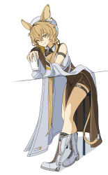 Rule 34 | animal ears, arknights, arm strap, blonde hair, boots, brown skirt, closed mouth, commentary request, crossed bangs, dorothy (arknights), drink, full body, grey boots, hair between eyes, hat, highres, holding, holding drink, knee boots, long hair, looking at viewer, partial commentary, pepeyopei, side slit, simple background, skirt, smile, split mouth, standing, tail, white background, white hat, yellow eyes, yellow tail