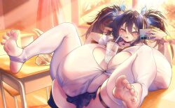Rule 34 | 1girl, ass, blush, breasts, bubble tea, cellphone, choker, classroom, desk, drinking straw, drinking straw in mouth, feet, gigantic breasts, hair ornament, haitai umita, highres, holding, huge breasts, jewelry, long hair, looking at viewer, original, phone, pointy ears, school desk, school uniform, skirt, smartphone, soles, solo, thick thighs, thighhighs, thighs, toeless legwear, toes, twintails, white thighhighs