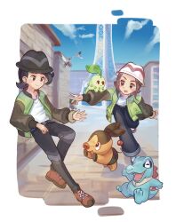 1boy 1girl black_hair border brown_eyes brown_hair brown_shoes chikorita closed_mouth cloud commentary_request creatures_(company) day eko fletchling game_freak gen_2_pokemon gen_5_pokemon gen_6_pokemon green_jacket harmony_(pokemon) hat highres jacket looking_down nintendo open_clothes open_jacket outdoors pants paxton_(pokemon) pokemon pokemon_(creature) pokemon_legends:_z-a pokemon_on_arm shirt shoes sky smile tepig totodile transparent_border white_hat white_shirt
