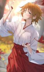 Rule 34 | 1girl, breasts, brown eyes, glasses, holding, holding leaf, japanese clothes, kimono, leaf, looking at viewer, medium breasts, messy hair, multicolored kimono, open mouth, orange hair, pallad, rimless eyewear, round eyewear, short hair, solo, to heart (series), to heart 2, yamada michiru