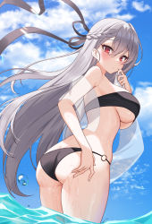 1girl absurdres ass bandeau bare_shoulders bikini black_bikini braid breasts cloud day from_side frown grey_hair hair_ribbon hand_up highres large_breasts long_hair looking_at_viewer novel_illustration o-ring o-ring_bikini official_art original outdoors parted_lips pn_(wnsl216) red_eyes ribbon see-through_clothes shawl solo standing strapless strapless_bikini string_bikini swimsuit thighs tube_top twisted_torso underboob very_long_hair wading water wet