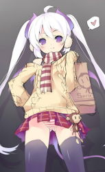 1girl artist_name black_thighhighs blush cowboy_shot female_focus gradient_background heart horns long_hair looking_at_viewer original panties purple_eyes saru scarf sketch skirt smile solo spoken_heart striped_clothes striped_panties tail thighhighs twintails underwear very_long_hair