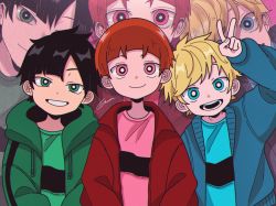 3boys black_hair blonde_hair boomer_(ppg) brick_(ppg) butch_(ppg) cartoon_network child commentary_request facing_viewer green_eyes gurin._(desuna) highres jacket long_sleeves looking_at_viewer male_focus multiple_boys open_mouth powerpuff_girls red_eyes rowdyruff_boys short_hair smile teeth v