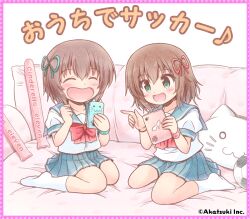 2girls arihara_misa arihara_yui ball brown_hair cellphone cinderella_eleven cinderella_nine cinderella_series closed_eyes collarbone commentary couch cushion english_text green_eyes green_ribbon hair_ribbon high_heels holding holding_phone multiple_girls official_art on_couch open_mouth pawpads phone red_ribbon ribbon school_uniform second-party_source sitting skirt smartphone soccer_ball socks tablet_pc tongue wariza white_socks