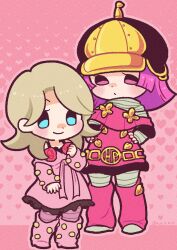 2girls absurdres belt black_hat blonde_hair blue_eyes blush boots capelet chibi chibi_only closed_mouth commentary dress flipped_hair flower flower_ornament full_body gold_belt gold_flower grey_pantyhose grey_shirt hands_on_own_hips hat heart heart_background highres hot_pants_(sbr) jojo_no_kimyou_na_bouken leg_warmers long_sleeves lucy_steel m_a_a_m_8 medium_hair multiple_girls pantyhose pink_arm_warmers pink_background pink_boots pink_capelet pink_dress pink_eyes pink_hair pink_leg_warmers pink_pantyhose red_flower red_rose rose shirt short_hair smile standing steel_ball_run striped_clothes striped_pantyhose symbol-only_commentary