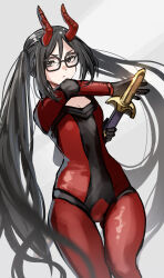 1girl absurdres akuta_hinako black_gloves black_hair bodysuit breasts brown_eyes cleavage_cutout clothing_cutout demon_horns fate/grand_order fate_(series) gloves highres horns long_hair looking_at_viewer red_bodysuit shibao_aoyama small_breasts solo sword thighs twintails very_long_hair weapon yu_mei-ren_(fate)