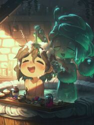 2girls absurdres bath bathing bathtub blush brown_hair closed_eyes colored_skin fantasy foam green_skin hands_on_another&#039;s_head highres indoors monster_girl multiple_girls nude original porforever see-through_body short_hair slime_girl slime_girl_(porforever) vial