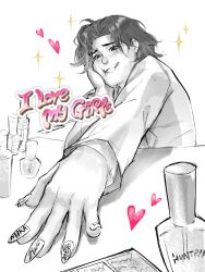 Rule 34 | 1boy, beard stubble, biting own lip, bobby (kpop demon hunters), colaoaoiacquy, english text, facial hair, hand on own cheek, hand on own face, heart, highres, kpop demon hunters, long hair, looking down, male focus, nail polish, outstretched hand, partially colored, plump, smile, sparkle, stubble, white background