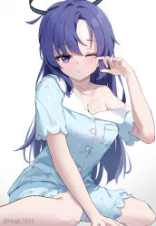 Rule 34 | 1girl, animal print, artist name, blue archive, blue pajamas, blue shirt, blue shorts, breasts, cat print, cleavage, closed mouth, collarbone, commentary request, expressionless, eyelashes, hair intakes, halo, hand up, highres, hiragi 1014, large breasts, light blush, mechanical halo, off shoulder, one eye closed, pajamas, print pajamas, print shirt, print shorts, purple eyes, purple hair, shirt, short sleeves, shorts, simple background, single bare shoulder, sitting, solo, waking up, wariza, watermark, white background, yuuka (blue archive), yuuka (pajamas) (blue archive)