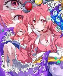 1000-nen_ikiteru_(vocaloid) 1girl barefoot book breasts choker cleavage closed_mouth dress elbow_gloves fish flower gloves hair_over_one_eye hand_on_own_chin highres holding holding_book iki_(iyowa) iyowa_girls knees_up long_hair looking_at_viewer medium_breasts multiple_views open_mouth petticoat pink_choker pink_dress pink_eyes pink_hair princess puffy_short_sleeves puffy_sleeves purple_background short_sleeves sitting smile suju0813 tentacles through_medium through_painting tiara traffic_light v white_gloves