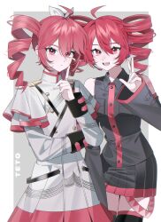 2girls absurdres ahoge belt black_belt black_skirt black_sleeve_cuffs black_sleeves black_thighhighs border bow breast_pocket buttons collared_shirt detached_sleeves double-breasted drill_hair dual_persona expressionless flat_chest grey_background grey_jacket grey_skirt hair_bow hand_up hashtag-only_commentary highres index_finger_raised jacket kasane_teto kasane_teto_(sv) kasane_teto_(utau) kiliko-san long_sleeves looking_at_viewer miniskirt multiple_girls musical_staff musical_staff_print number_tattoo open_mouth pocket red_belt red_hair red_skirt red_tattoo red_trim shirt shoulder_belt shoulder_boards shoulder_tattoo skirt skirt_set sleeveless sleeveless_shirt striped_clothes striped_jacket striped_skirt synthesizer_v tattoo teeth thighhighs twin_drills upper_teeth_only utau white_border white_bow wing_collar