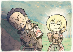 1boy 1girl back_hair blonde_hair brown_gloves brown_jacket brown_shorts clenched_teeth closed_eyes cowboy_shot facial_hair gloves glowing godwin grass hand_on_own_chest hill jacket light_rays medium_hair nico_emery one_eye_closed outdoors scar scar_on_face sega senjou_no_valkyria_(series) senjou_no_valkyria_4 setz shorts smile sweat teeth tree