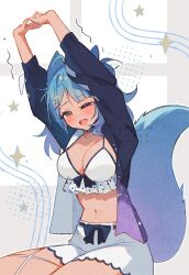 1girl animal_ears arms_up black_bow black_choker blue_hair blunt_bangs blush bow bra breasts choker cleavage collarbone commentary cowboy_shot dark-skinned_female dark_skin english_commentary eyelashes fang fox_ears fox_girl fox_tail frilled_bra frills gradient_hair grey_background hair_ornament hairclip halftone highres hyanna-natsu interlocked_fingers jacket large_breasts leg_ribbon long_hair long_sleeves looking_at_viewer messy_hair multicolored_hair navel one_eye_closed open_clothes open_jacket open_mouth original purple_hair purple_jacket ribbon ribbon-trimmed_shorts ribbon_trim shorts single_stripe sitting sleepy solo space_print star_(symbol) star_print starry_sky_print stomach stretching striped_choker tail tearing_up thigh_ribbon trembling two-tone_background underwear waist_bow white_background white_bra white_ribbon white_shorts yellow_eyes