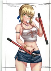 1girl absurdres ahoge armlet artoria_pendragon_(fate) bare_shoulders belt blonde_hair blush bow bracelet braid breasts character_name cleavage closed_mouth collarbone copyright_name cosplay dual_wielding elie fate/grand_order fate_(series) fingernails french_braid green_eyes hair_bow hair_ornament highres holding jewelry kawasumi_ayako lips looking_at_viewer medium_breasts microskirt midriff navel necklace rave_(manga) scan side_slit simple_background skirt sleeveless solo stomach takecha tank_top tonfa voice_actor_connection weapon white_background