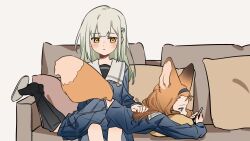 2girls age_regression aged_down animal_ears animated animated_gif bang_dream! bang_dream!_it&#039;s_mygo!!!!! bangs_pinned_back black_socks blinking blue_eyes blue_hairband blue_serafuku blue_shirt blue_skirt blush bored brown_eyes brown_pillow cellphone chinese_commentary closed_mouth commentary_request couch ear_wiggle expressionless fake_phone_screenshot fake_screenshot fox_ears fox_girl fox_tail green_hair grey_neckerchief hair_ornament hairband hairclip hand_on_another&#039;s_back highres holding holding_phone kemonomimi_mode kneehighs large_ears long_sleeves looking_at_another looking_at_viewer lying lying_on_person midriff_peek multiple_girls nagasaki_soyo neckerchief on_couch on_stomach oversized_clothes phone school_uniform serafuku shirt simple_background sitting skirt slippers smartphone socks straight_hair tail tail_on_face tail_slapping tail_wagging the_pose tsukinomori_school_uniform wakaba_mutsumi white_background winter_uniform yellow_eyes yuan_shuang yuri