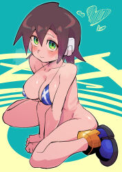 1girl absurdres aile_(mega_man_zx) aqua_background bikini bikini_top_only blue_bikini bottomless breasts brown_hair buzzlyears full_body green_eyes heart highres kneeling large_breasts looking_at_viewer mega_man_(series) mega_man_zx robot_ears short_hair simple_background smile solo swimsuit