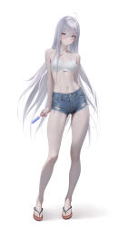 Rule 34 | 1girl, absurdres, arm behind back, blue eyes, blue shorts, breasts, cleavage, closed mouth, crop top, denim, denim shorts, expressionless, flip-flops, food, full body, highres, holding, holding food, holding popsicle, long hair, looking at viewer, midriff, navel, no bra, nyarko, popsicle, sandals, shibou yuugi de meshi o kuu, shirt, short shorts, shorts, simple background, small breasts, solo, stomach, very long hair, white background, white hair, white shirt, yuuki (shibou yuugi)