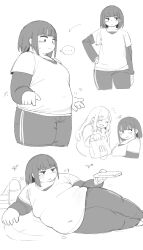 ... 2girls ^_^ absurdres arrow_(symbol) bag belly blunt_bangs bottle breasts closed_eyes collared_shirt controller covered_navel embarrassed greyscale highres holding holding_bag holding_remote_control long_hair looking_down looking_to_the_side mcdonald&#039;s monochrome multiple_girls nimo_(b45ui) remote_control shirt short_hair small_breasts spoken_ellipsis weight_gain