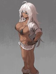 1girl absurdres ahoge azur_lane bikini bikini_top_only black_bikini blue_eyes breasts brown_gloves cleavage closed_mouth commentary dark-skinned_female dark_skin expressionless facial_scar feet_out_of_frame fingerless_gloves gloves grey_background grey_shorts groin hand_on_own_hip highres indiana_(azur_lane) indiana_(high_noon_arrest)_(azur_lane) large_breasts lips long_hair looking_afar lowleg lowleg_shorts micro_shorts navel scar scar_on_cheek scar_on_face shorts soldat_(dndosld73832) solo swimsuit white_hair