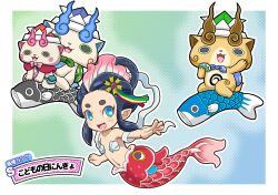 1girl abbreviated_karakusa black_eyes blue_eyes blush_stickers border collarbone commentary_request furoshiki furoshiki_around_neck highres kodomo_no_hi koinobori komajirou komami_(youkai_watch) komasan long_hair looking_at_viewer mermaid monster_girl navel nazca_(rapid-rabbit&#039;s) ningyo_(youkai_watch) no_pupils open_mouth outside_border paper_hat paper_kabuto shell shell_bikini simple_background white_border windsock youkai_(youkai_watch) youkai_watch