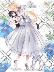Rule 34 | 2girls, arm around waist, asakura karen (heaven burns red), black hair, blonde hair, braid, dancing, dress, hand on another&#039;s waist, heaven burns red, highres, long hair, multiple girls, pants, tail, toujou tsukasa, tskrn, white dress, white pants, yuri