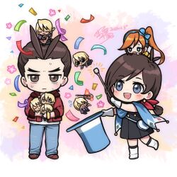 2boys 2girls ace_attorney antenna_hair apollo_justice athena_cykes black_dress black_pants blonde_hair blue_cape blue_hairband blue_hat blue_pants blue_ribbon boots bracelet brown_eyes brown_hair cape chibi confetti dated dress earrings flower forked_eyebrows full_body gloves gold_bracelet hairband hat holding holding_unworn_clothes holding_unworn_hat holding_wand jacket jewelry klavier_gavin long_hair medium_hair multiple_boys multiple_girls orange_hair pants purple_jacket red_jacket red_scarf red_shoes ribbon scarf senki_xl shoes short_hair side_ponytail signature single_earring sunglasses sweat top_hat trucy_wright unworn_hat unworn_headwear wand white_boots white_gloves