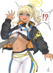 !? +_+ 1girl ^^^ aqua_eyes aqua_nails areola_slip bikini black_jacket blonde_hair blue_archive blue_pants blue_shirt blush breasts clothes_lift commentary_request covered_collarbone cowboy_shot crop_top dark-skinned_female dark_skin hair_between_eyes halo hand_up highres holding holding_microphone interview jacket large_breasts lifting_another&#039;s_clothes long_hair microphone navel open_clothes open_jacket open_mouth pants ponytail school_uniform shinon_(blue_archive) shirt shirt_lift sidelocks signature simple_background solo_focus spoken_interrobang standing stomach sweat swimsuit teeth tight_clothes tight_pants tonakai-san_(107569oekaki) two-tone_pants underboob upper_teeth_only white_background white_pants white_shirt yellow_bikini