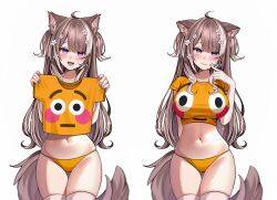 1girl :d ahoge animal_ear_fluff animal_ears blush breasts brown_hair clothes_in_front commentary cowboy_shot earrings extra_ears fang fang_out fangs finger_to_mouth flower flushed_face_emoji_shirt_(meme) gluteal_fold hair_flower hair_ornament harunaki highres indie_virtual_youtuber jewelry large_breasts long_hair looking_at_viewer meme midriff multicolored_hair multiple_views navel no_pants open_mouth orange_panties orange_shirt panties purple_eyes sakurai_hana shirt short_sleeves simple_background single_earring smile streaked_hair symbol-only_commentary tail taut_clothes taut_shirt thigh_gap thighhighs two-tone_hair underwear virtual_youtuber white_background white_hair white_thighhighs