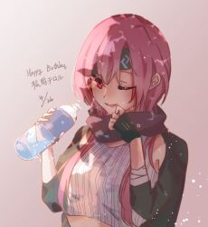 1girl black_gloves bottle gloves happy heaven_burns_red kinudoufu_ebot long_hair matsuoka_chiroru one_eye_closed pink_hair red_eyes scarf shorts solo sweat water_bottle