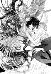 1boy 1girl ass asymmetrical_wings aya_carmine body_horror breasts clothed_male_nude_female commentary_request expressionless feathered_wings flower_wings formal_clothes girl_on_top greyscale hetero highres hitomi_hirosuke_(sayonara_wo_oshiete) jacket leaf_wings long_hair looking_at_viewer mismatched_wings monochrome necktie nipples nude off_shoulder open_clothes open_jacket parted_lips plant_wings sayonara_wo_oshiete small_breasts straddling suction_cups sugamo_mutsuki suit tendril tentacles traditional_media very_long_hair wings