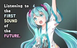 1girl ahoge amd_aoneko arm_up blue_eyes blue_hair character_print commentary double-parted_bangs english_commentary english_text glowstick grey_background hair_between_eyes happi hatsune_miku highres holding holding_glowstick japanese_clothes long_hair mixed-language_commentary open_mouth penlight_(glowstick) shirt short_sleeves solo teeth upper_teeth_only variant_set very_long_hair vocaloid white_shirt wide_sleeves