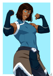 1girl absurdres avatar_legends biceps blue_background blue_eyes border breasts brown_hair commentary commission covered_navel cowboy_shot dark-skinned_female dark_skin elbow_gloves english_commentary fingerless_gloves flexing gloves hair_between_eyes highres korra mastrocecchi medium_breasts muscular muscular_female outside_border parted_lips short_hair simple_background smile solo teeth the_legend_of_korra white_border