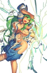 1girl ;o arm_up blush breasts detached_sleeves electricity exploding_clothes female_focus frog gohei green_hair hair_ornament highres japanese_clothes kochiya_sanae large_breasts long_hair melon22 miko nontraditional_miko one_eye_closed oonusa open_mouth skirt solo torn_clothes touhou yellow_eyes