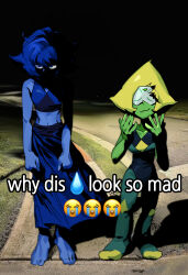 2girls :3 barefoot blue_eyes blue_hair blue_skin blue_skirt blue_tank_top bodysuit clenched_hands closed_eyes colored_skin crop_top crying_emoji diamond_(shape) emoji english_text face_in_shadow feet forehead_jewel full_body gem glaring green_bodysuit green_gemstone green_skin hands_up highres lapis_lazuli_(steven_universe) long_skirt looking_at_viewer meme multiple_girls navel night peridot_(steven_universe) photo_background pointy_nose ruki32_32 shaded_face short_hair sidewalk skirt sleeveless smile smirk standing steven_universe tank_top v-shaped_eyebrows why_dis_ninja_look_so_mad_(meme)