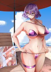 beach bikini breasts digimon digimon_world_re:digitize glasses mikagura_mirei mirror mole ocean purple_eyes purple_hair ribbon sa9x9 short_hair swimsuit
