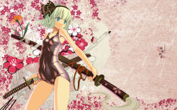 Rule 34 | 1girl, bare shoulders, black one-piece swimsuit, blue eyes, bow, breasts, cameltoe, collarbone, covered navel, cowboy shot, dual wielding, female focus, fingernails, flower, hair bow, hairband, highres, hiiragi ryo, hiiragi ryou, hip focus, holding, katana, konpaku youmu, konpaku youmu (ghost), looking away, one-piece swimsuit, sakuya tsuitachi, scabbard, school swimsuit, serious, sheath, sheathed, short hair, silver hair, skin tight, small breasts, solo, standing, swimsuit, sword, text focus, thighs, touhou, weapon, wet