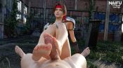 1boy 1girl 3d animated armor barefoot brown_eyes brown_hair final_fantasy final_fantasy_vii footjob headband hetero jessie_rasberry naifu overgrown penis pov self-upload shoulder_armor sword tagme uncensored weapon video