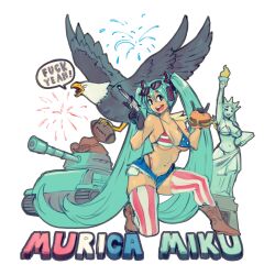 1girl absurdres american_flag american_flag_bikini american_flag_print american_football_(object) american_miku aqua_hair ball bikini bird black_eyes black_footwear black_gloves boots breasts burger character_name cleavage cowboy_hat denim denim_shorts eagle english_text eyewear_on_head fireworks flag_print flag_print_bikini food gloves gun hat hatsune_miku highres holding holding_burger holding_food holding_gun holding_weapon long_hair medium_breasts military_vehicle motor_vehicle niandni on_one_knee open_mouth print_bikini short_shorts shorts simple_background speech_bubble statue_of_liberty striped_clothes striped_thighhighs swimsuit tank thighhighs twintails very_long_hair vocaloid weapon white_background worldwide_miku