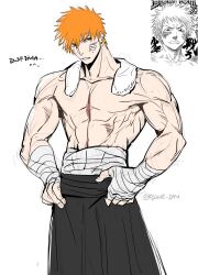1boy artist_name asure_(asure_twi) bandage_on_face bandaged_hand bandaged_torso bandages black_hakama bleach brown_eyes collarbone hair_between_eyes hakama hands_on_own_hips highres japanese_clothes kurosaki_ichigo male_focus muscular muscular_male orange_hair parted_lips reference_inset scratches solo sweatdrop topless_male towel towel_around_neck